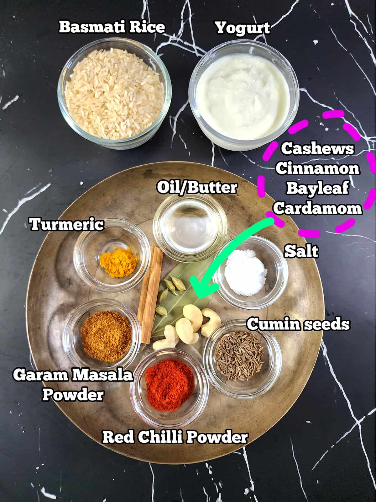 Whole aromatic spices and spice powders used to make biryani. 