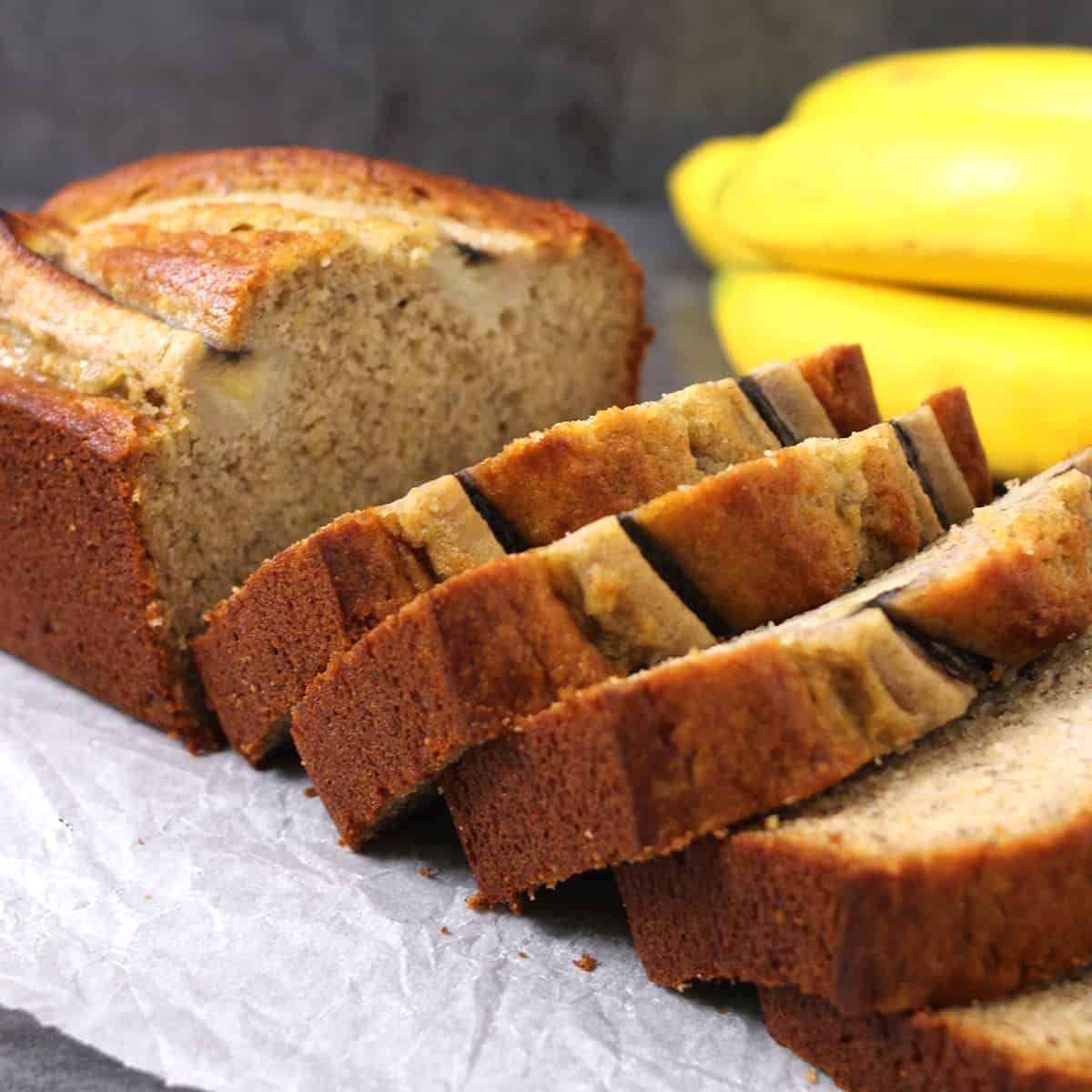 Best and easy, moist banana bread slices made with 4 long ripe bananas. 