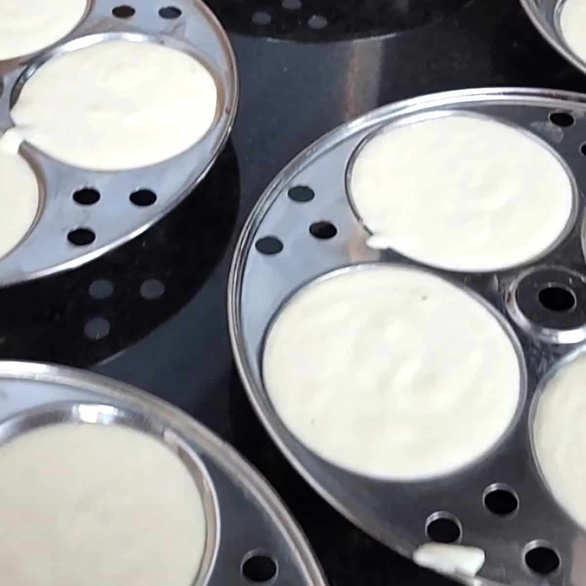 Add idli batter to the idly plates or moulds.