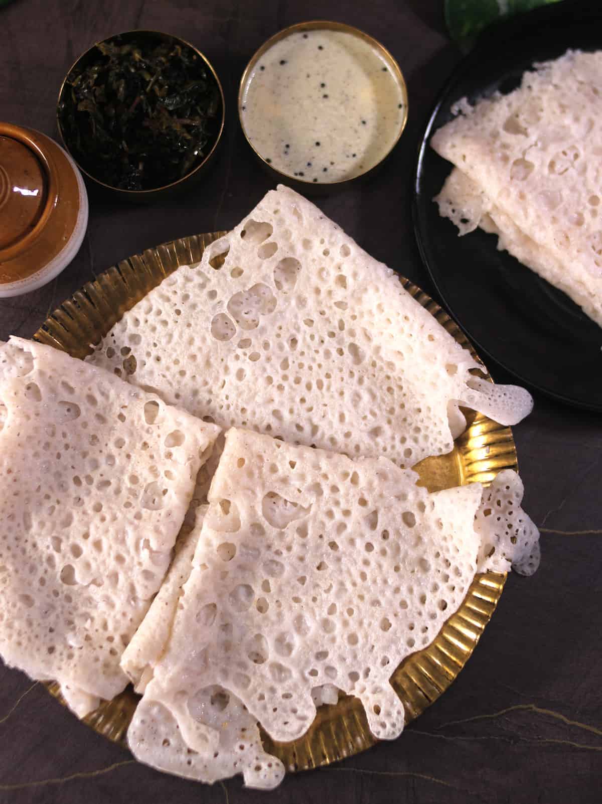 Traditional Mangalorean neer dosa recipe with chutney, dose, rice crepe for breakfast, lunch, dinner