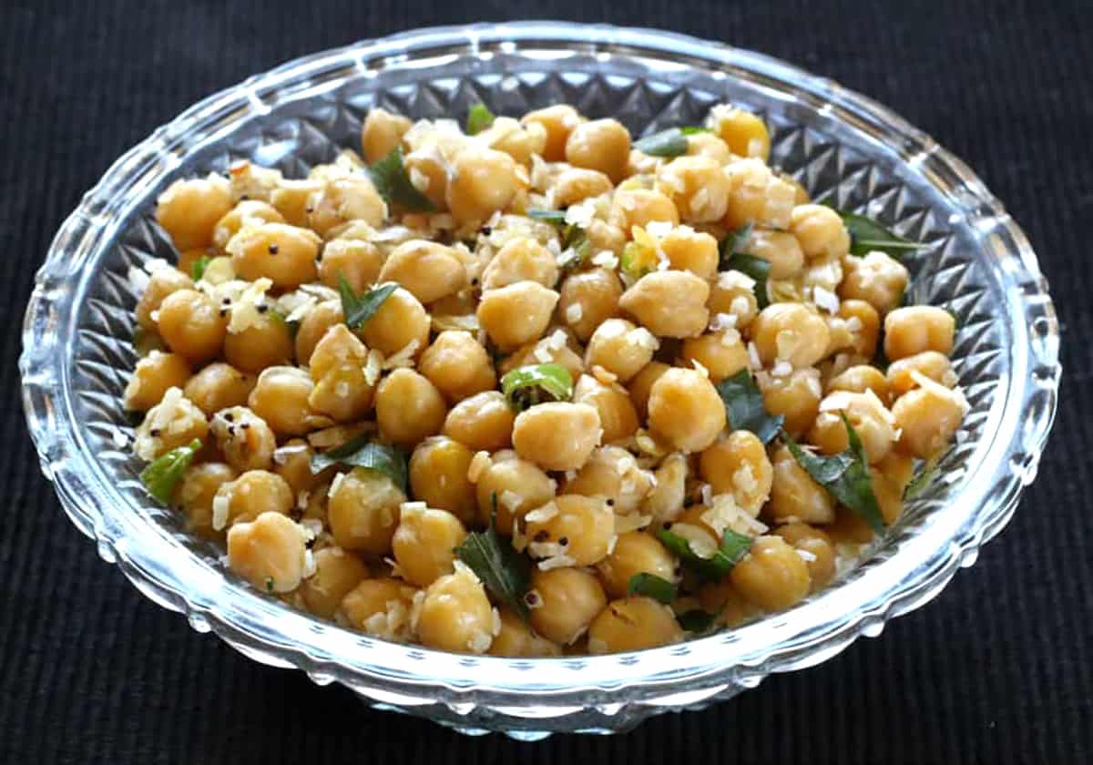 Healthy protein-packed chickpea stir fry or Indian channa sundal for breakfast, snack. 