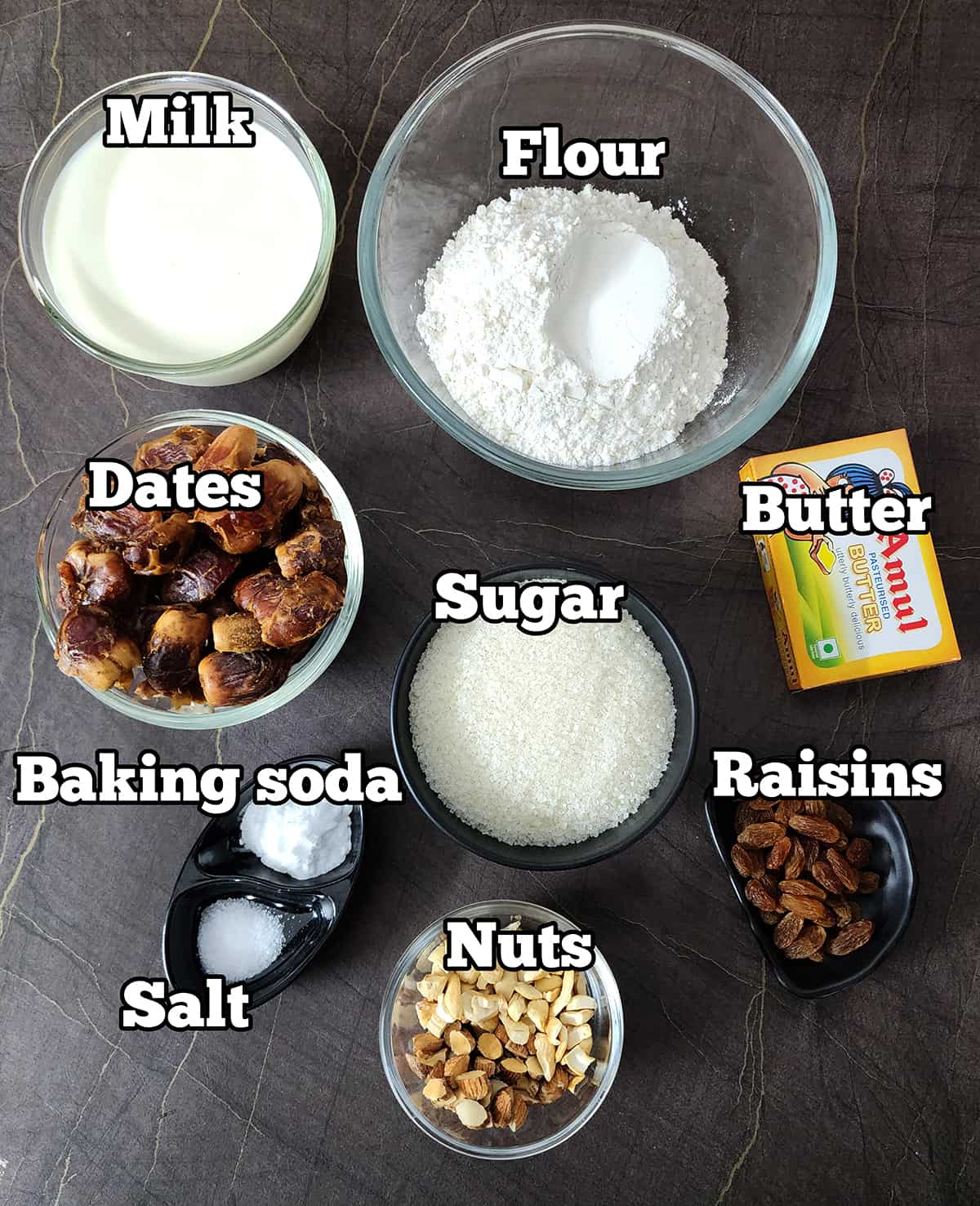 Ingredients used to make eggless date cake (Christmas date nut bread loaf). 