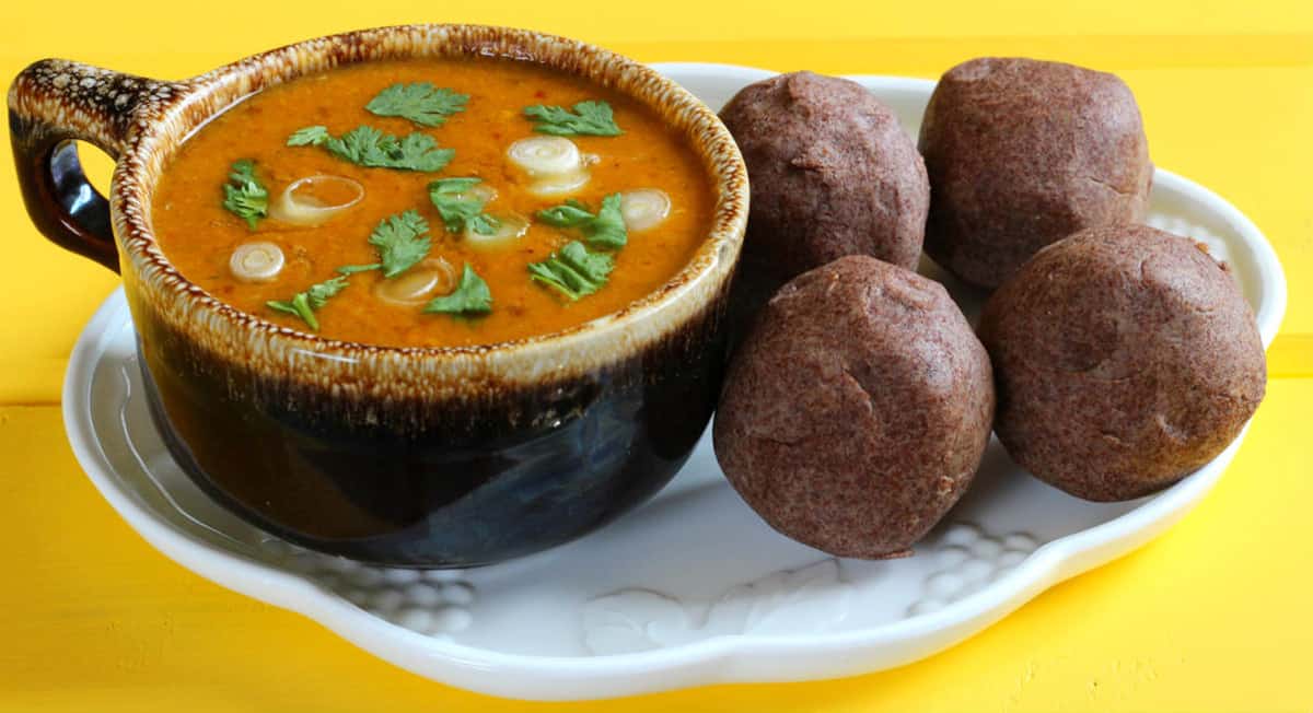 Ragi mudde (kali) served with sambar. 