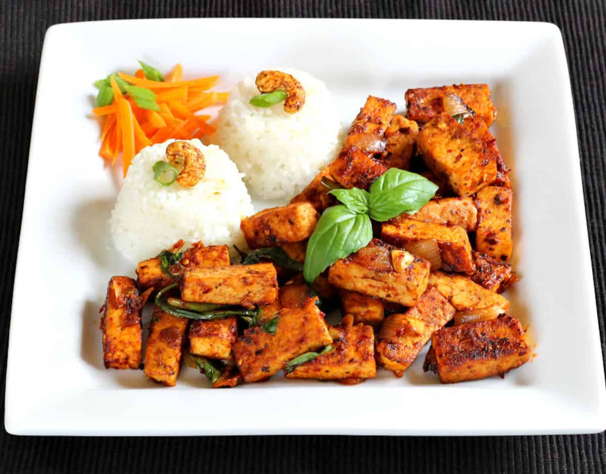 Spicy Pan-fried Basil Tofu Recipe | Thai vegan Stir-Fry. Plant protein lunch and dinner recipe.