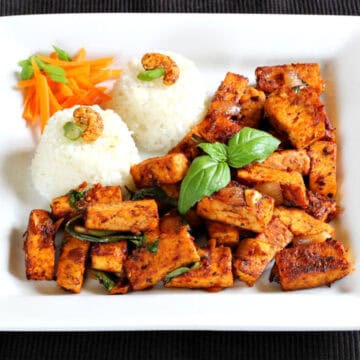 Spicy tofu recipe | vegan Thai basil tofu stir-fry | crispy pan-fried tofu | plant-based meal.