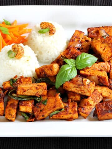 Spicy tofu recipe | vegan Thai basil tofu stir-fry | crispy pan-fried tofu | plant-based meal.