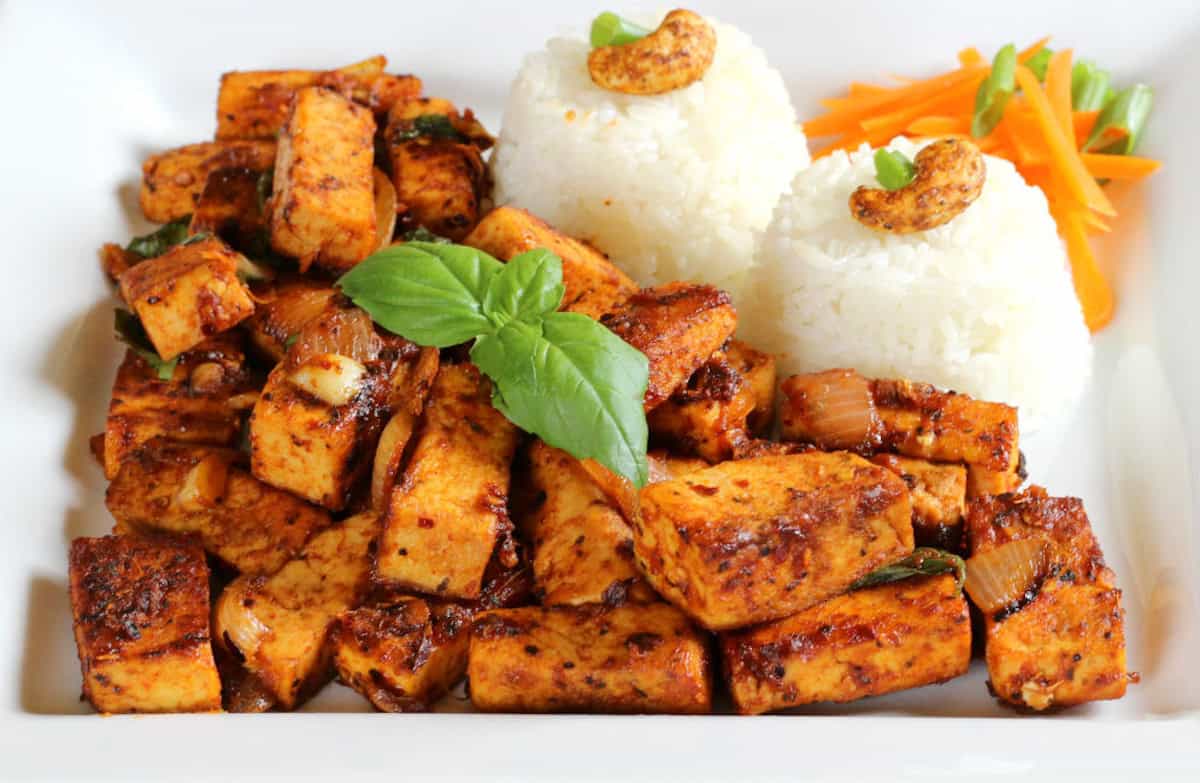 Spicy Tofu Recipe | Thai Basil Tofu Stir-Fry. Vegan and vegetarian, plant-based protein meal idea.