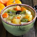 Bowl of healthy and easy Indian vegetable curry with coconut milk (Konkani valval recipe).