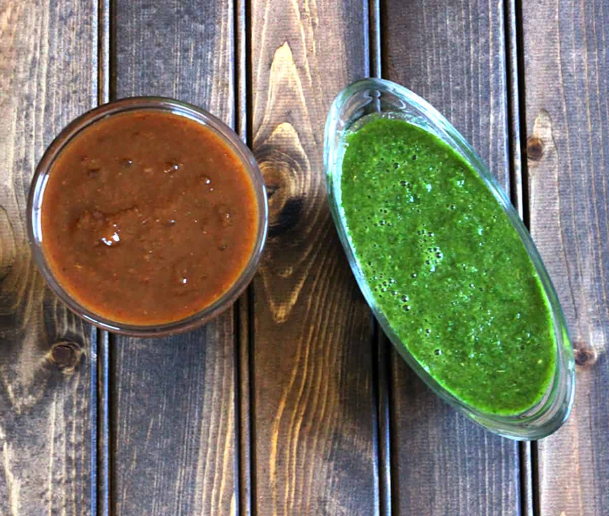 2 bowls with Indian dates tamarind chutney & green coriander mint chutney for chaats, sandwiches etc.