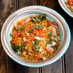 Bangalore masala puri recipe | Indian street chaat with puris, green peas, dates and mint chutney.