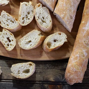 Slices of best and easy homemade no knead French baguette bread.