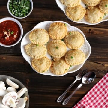 Quick and Easy Fried Ravioli filled with mushroom and ricotta cheese served in a white ceramic plate.