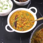 Dal tadka, restaurant-style (simple & easy garlic dal), served with rice for a vegetarian meal.