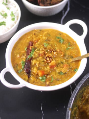 Dal tadka, restaurant-style (simple & easy garlic dal), served with rice for a vegetarian meal.