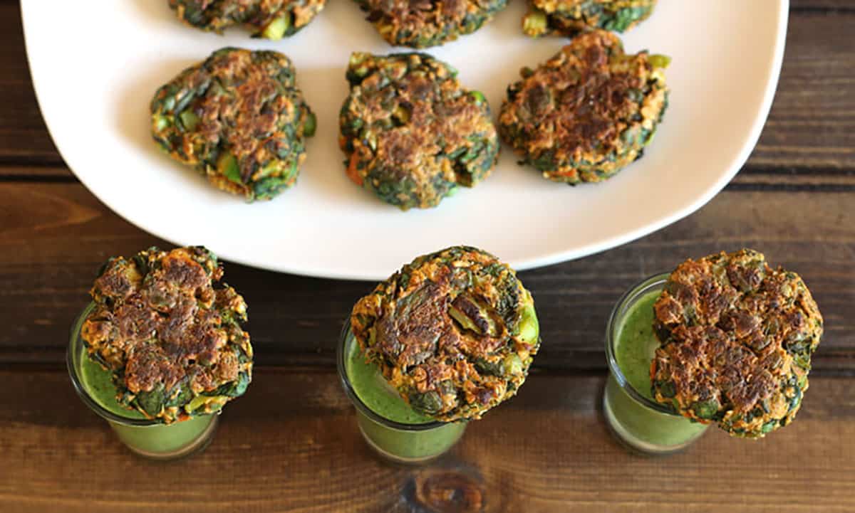 Spinach Broccoli Fritters ( patties, cakes or bites) served as evening or party snack, appetizer.