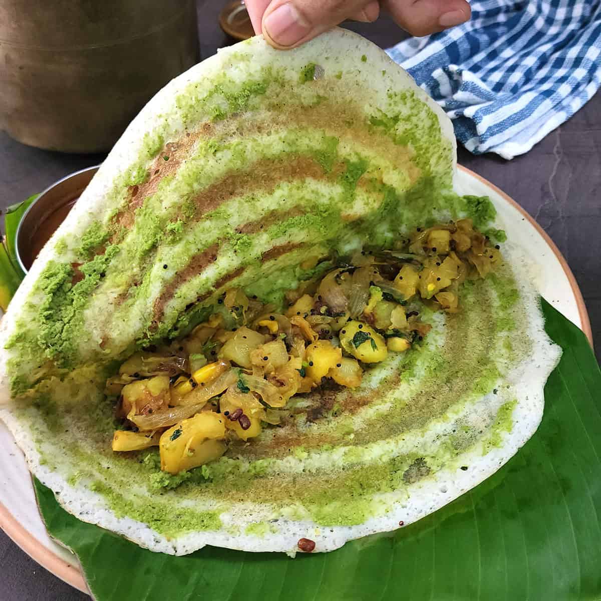 Masala dosa with green chutney - cilantro coconut chutney recipe.