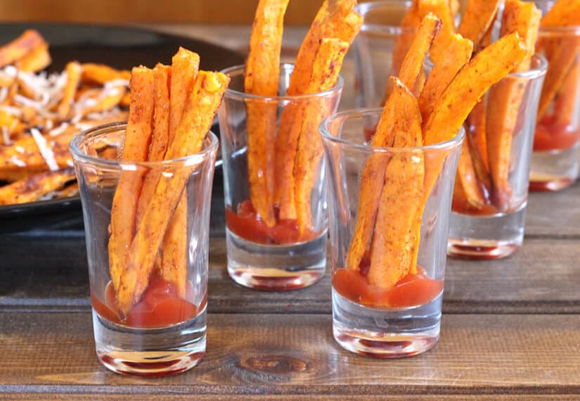 baked sweet potato fries, french fries, chili, cheese and crackers 