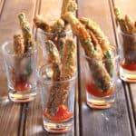 Crispy green bean fries with deep-fried, oven-baked, air fryer instructions. Best party appetizer.