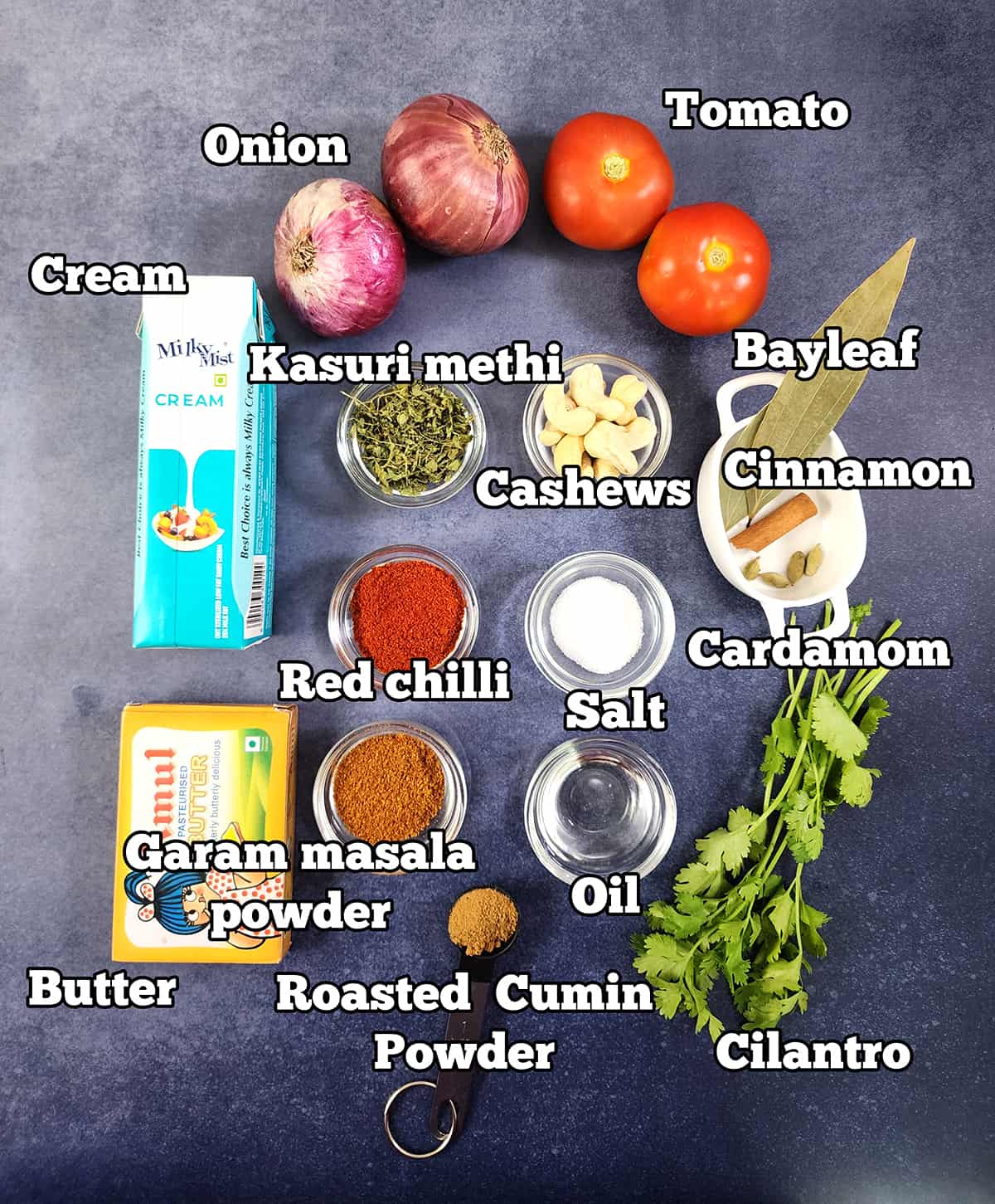 Ingredients for butter chicken masala or curry sauce (makhani sauce). 