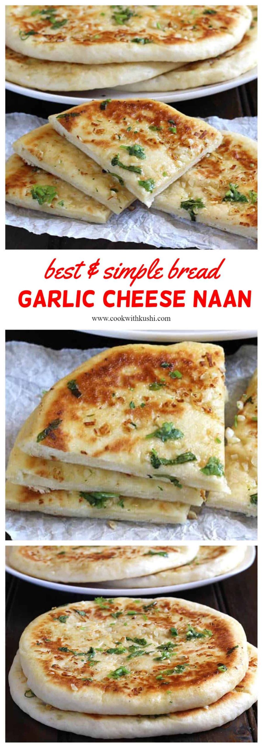 super soft and chewy, flavorful homemade flatbread recipe that is cheesy, garlicky and buttery. The minced garlic and melted cheese in every single bite makes this naan bread simply irresistible. #garlicnaan #cheesenaan #naan #stuffednaan #paneernaan #restaurantstyle #dhabastyle #garlicbutternaan #indianrecipes #naanandcurry #naanandroti #dinenrrecipes #dinnerideas #lunchrecipes 