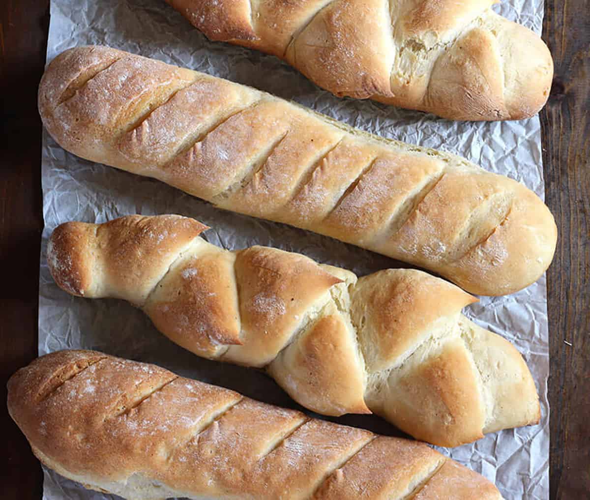 4 loaves of beautiful and rustic French baguette bread