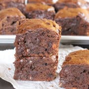 Stack of fudgy, chewy and double chocolate best homemade brownies