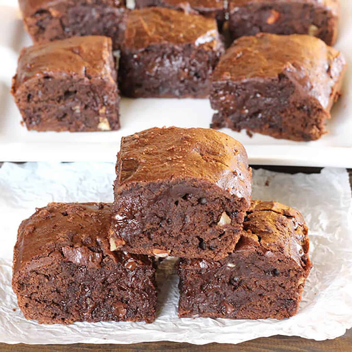 stack of classic and easy double chocolate brownies