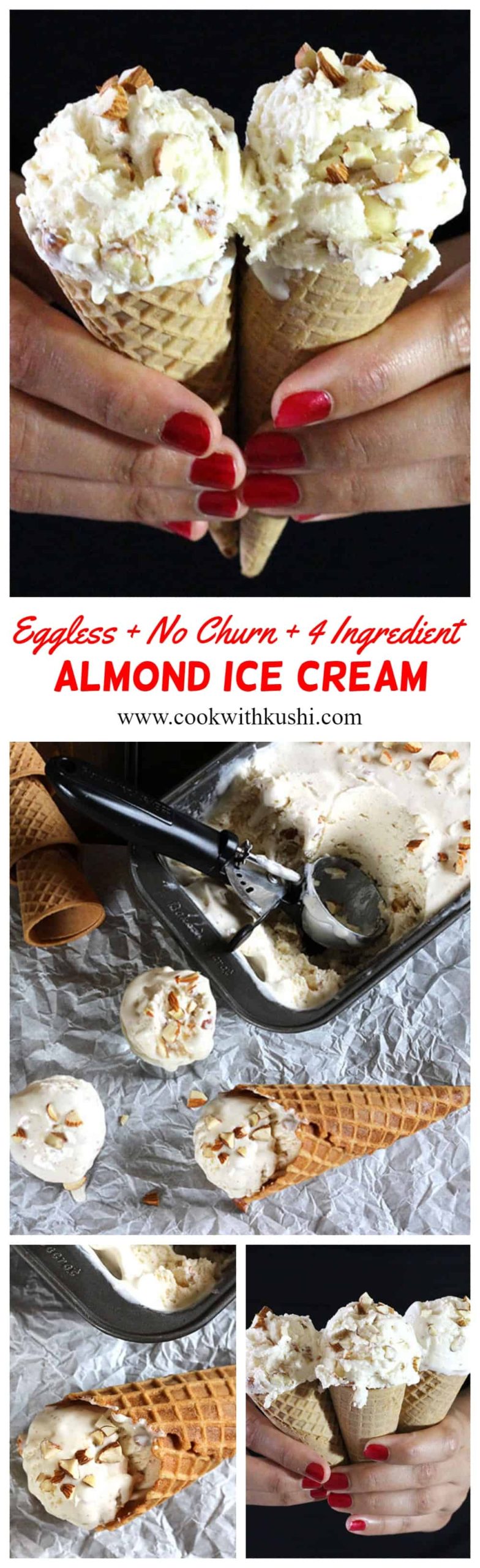 Roasted Almond Ice Cream or Toasted Almond Ice Cream is an easy to make, smooth and creamy eggless no churn ice cream with authentic roasted almond flavor and requires only 4 ingredients to prepare. #almondicecream #toastedalmonds #roastedalmonds #Homemade #eggless #vegan #softicecream #summerrecipe #summerdessert #naturals