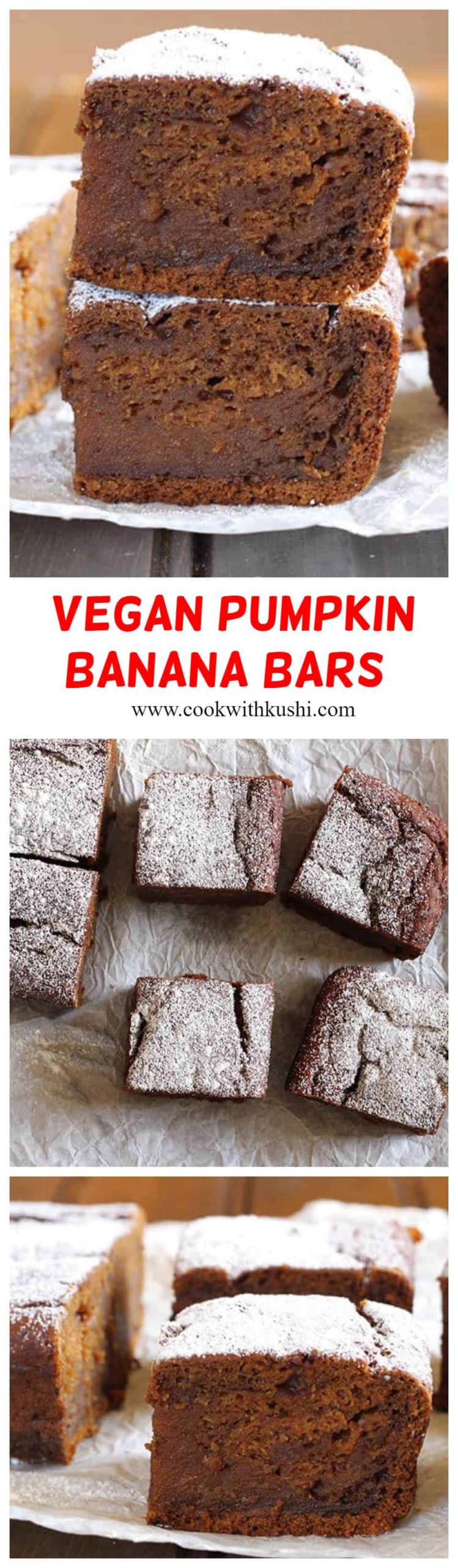 Vegan Pumpkin Banana Bars are easy to make, flavorful and delicious bars that are crispy at the edges and are moist and chewy inside. A perfect fall and winter dessert recipe to try with pumpkin #pumpkinrecipes #fallfood #winterrecipes #christmasdesserts #thanksgivingdessert #pumpkinpuree