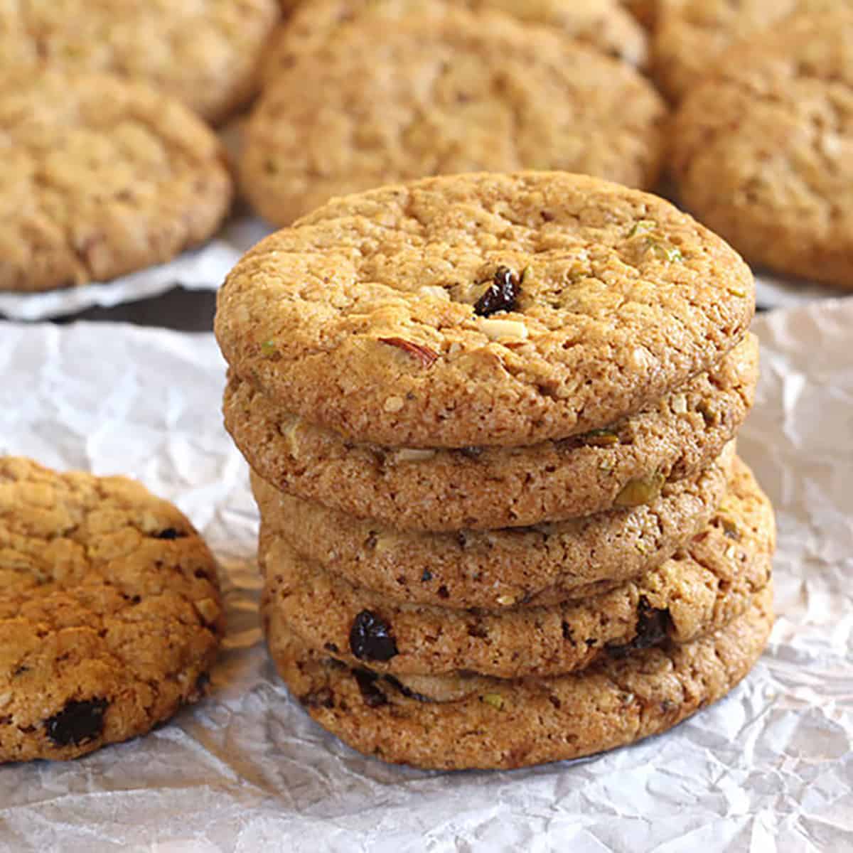 stack of best dry fruit cookies or eggless butter cookies.