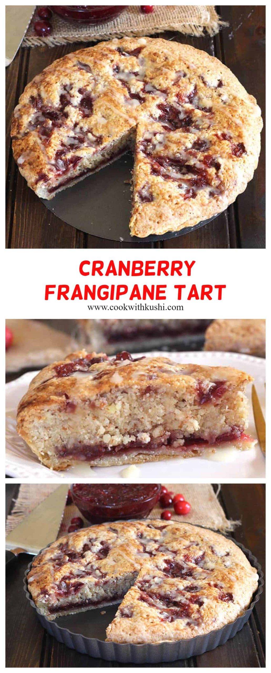 Cranberry Frangipane Tart is a classic and irresistibly delicious fancy dessert one must have at their dinner table this Thanksgiving or Christmas. The edges of this tart are crispy with fresh homemade crust and is filled with melt in mouth filling. It is so tasty that you will want to prepare it all through the year. #cranberries #cranberrydessert #thanksgiving #christmas #fruittart #tartpan #pierecipes #dessertrecipes #holidaybaking #shortcrustpastry