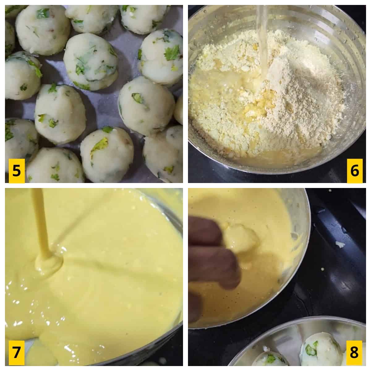 Make the batter for frying batata vada or aloo bonda.