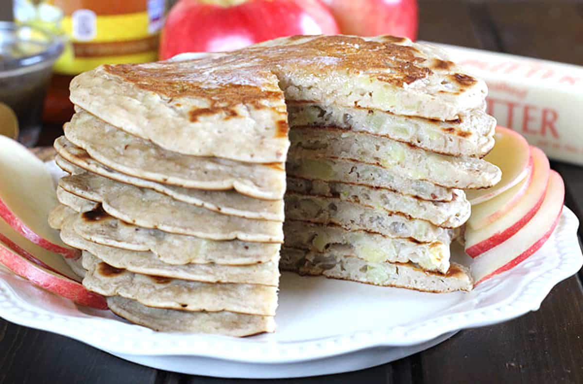 Fluffy apple cinnamon pancakes made without eggs, easy fall breakfast recipe. 