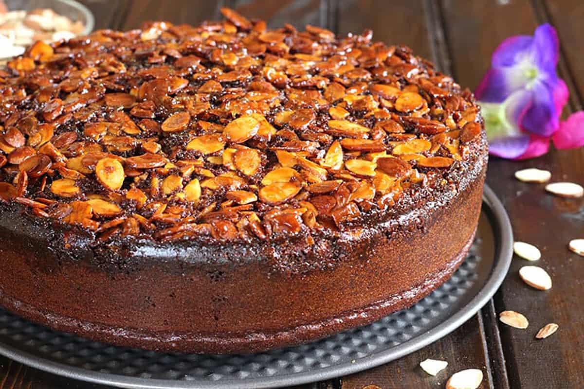 Chocolate Almond Cake with caramel almond topping.