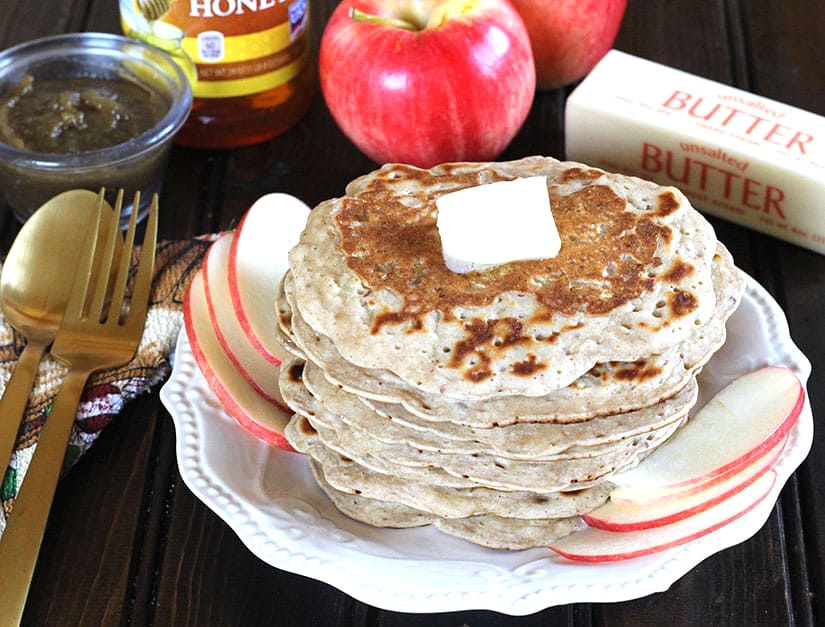Stack of best and easy apple pancakes (healthy, vegan and easy), apple butter pancakes recipe. 