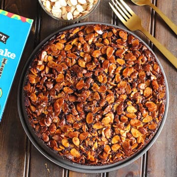 Best chocolate almond cake with caramel almond topping.