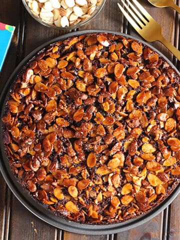 Best chocolate almond cake with caramel almond topping.