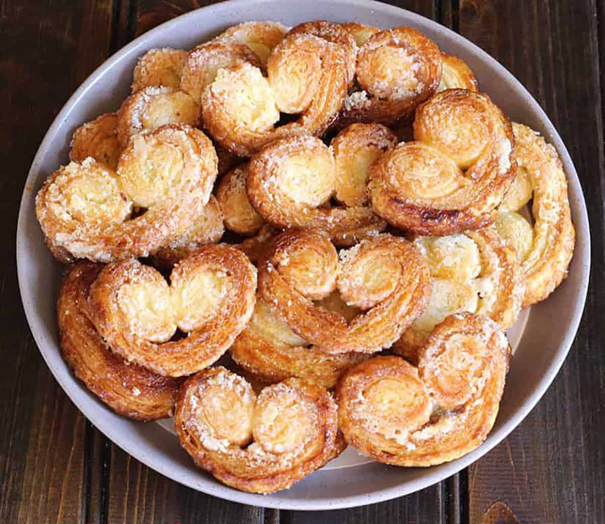 Plateful of best 2 ingredient palmier cookies for holidays, appetizers, kids snacks 
