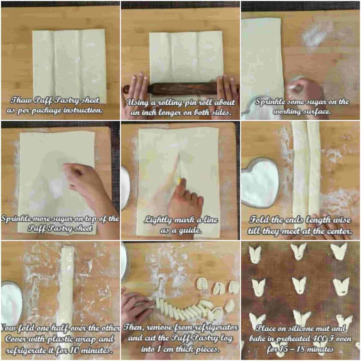 Detailed steps on how to fold and shape palmiers (butterfly cookies, heart shaped biscuits) 