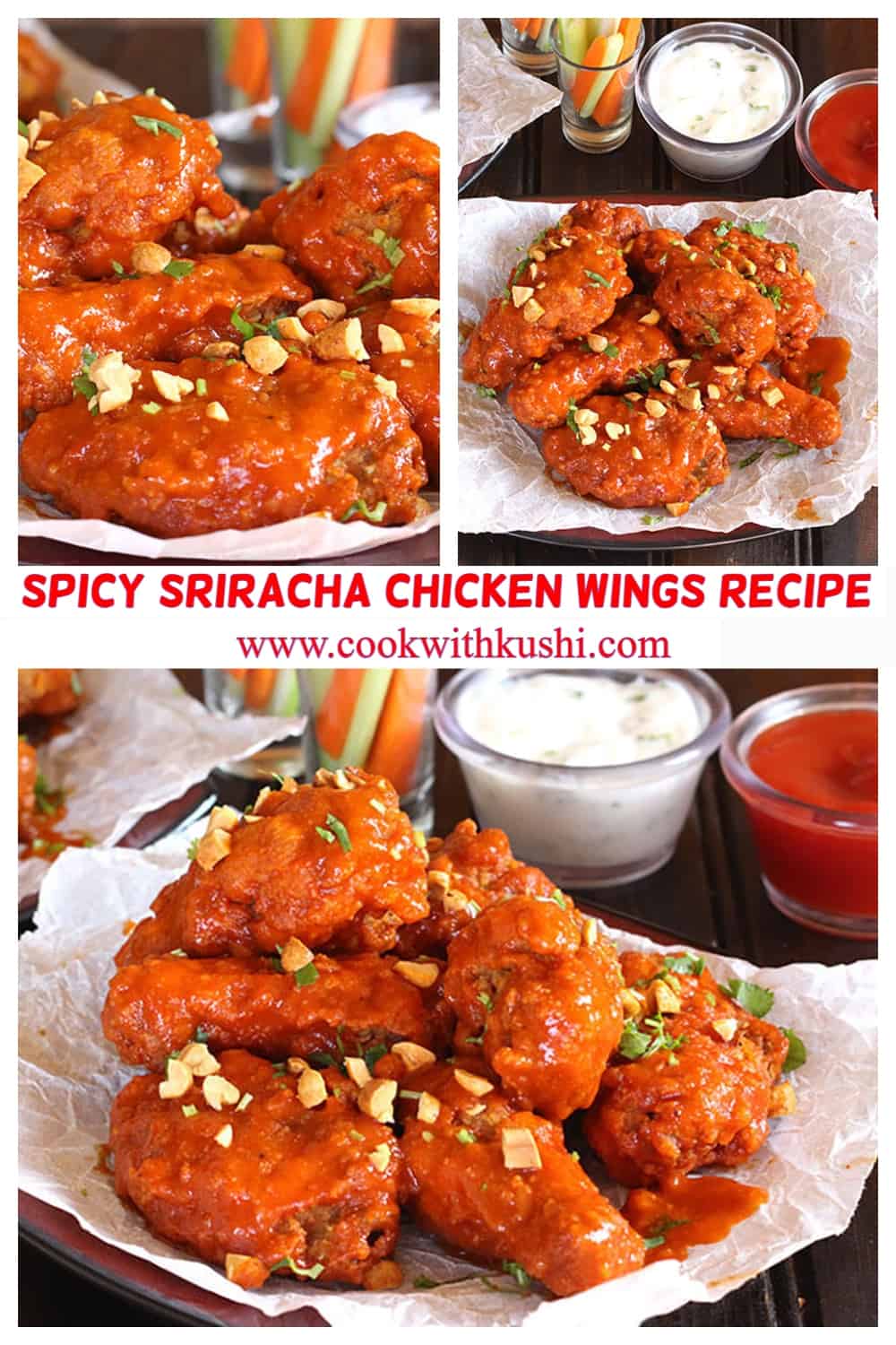images of the best crispy and easy sriracha chicken wings for super bowl game night party 