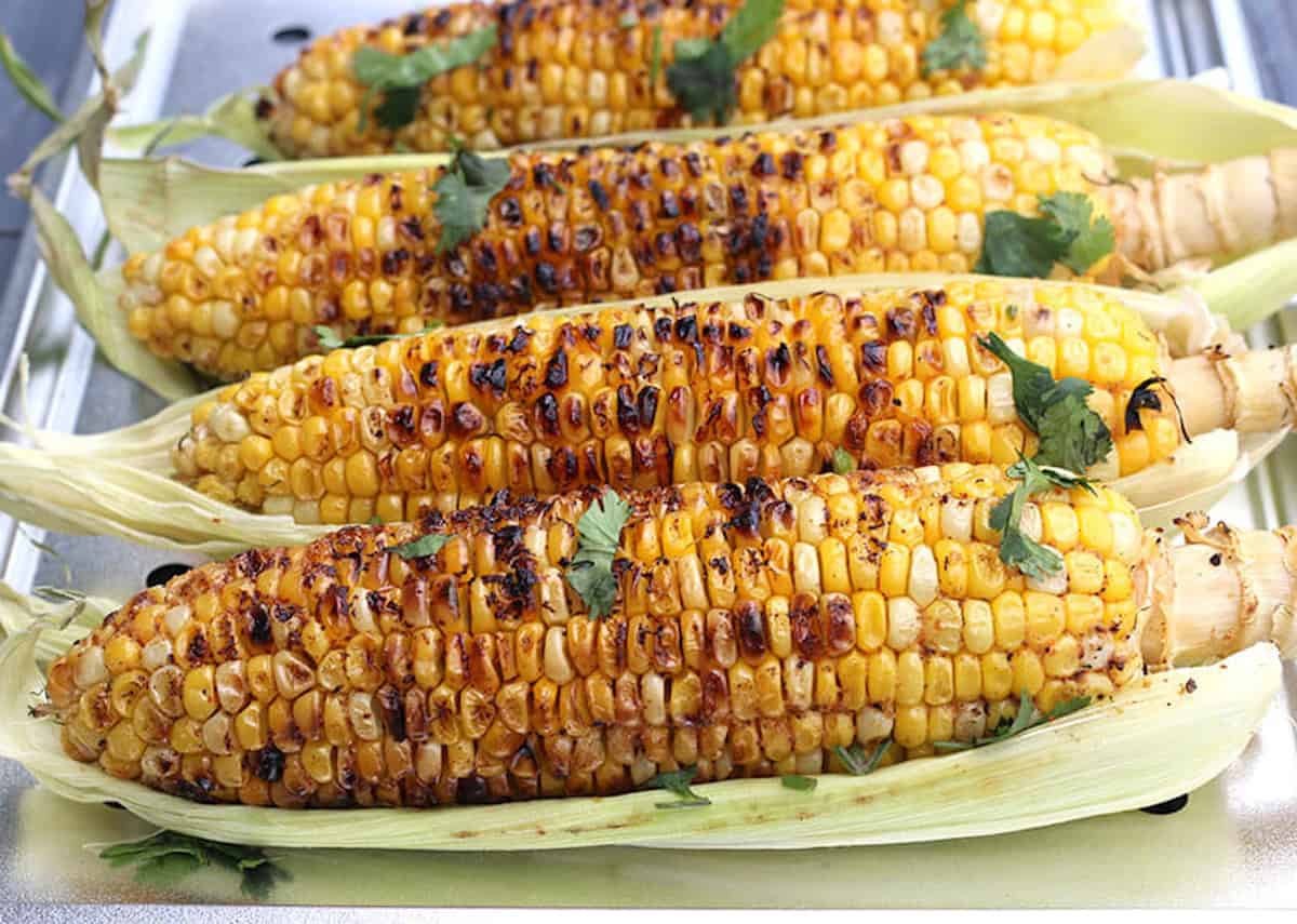 Smoky and charred bbq grilled corn on the cob - easy spicy corn recipe.
