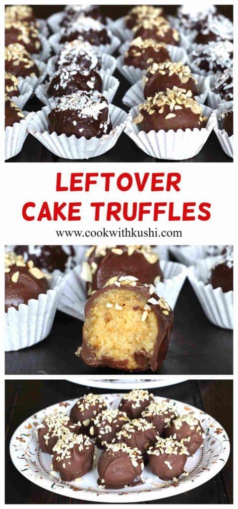 Truffles using leftover cake dipped in melted chocolate and topped with toasted coconut and nuts.