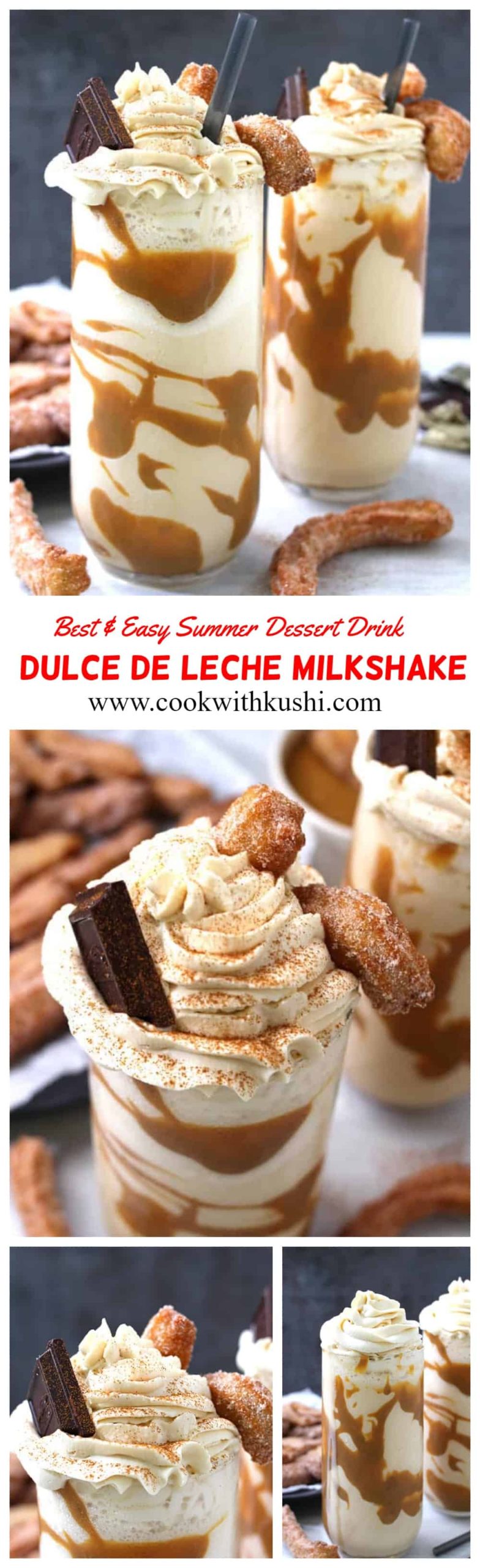 Dulce De Leche Milkshake is a intensely delicious, creamy, and thick milkshake filled with flavor and goodness of caramel, topped with churros and chocolate - all in one glass. #milkshake #dessertdrinks #summerdesserts #caramel #dulcedeleche #cincodemayo #4thofjuly #summerdrinks #whippedcream #churros #fancydesserts #romanticdates