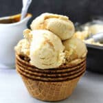 Best homemade dulce de leche ice cream served in waffle bowl.