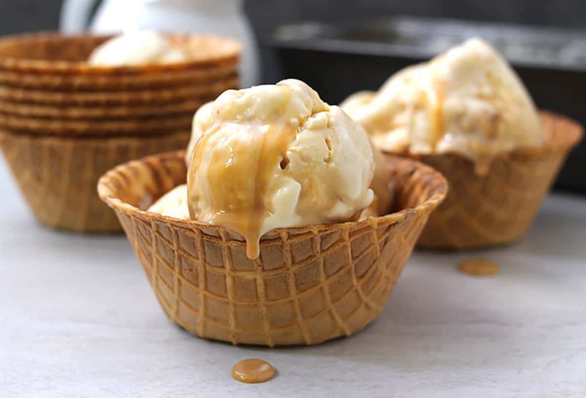 creamy caramel ice cream served in waffle cone. 