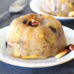 Best India sheera dessert with apples. Apple Sooji Halwa/ Rava Kesari - Indian sweet for festivals.