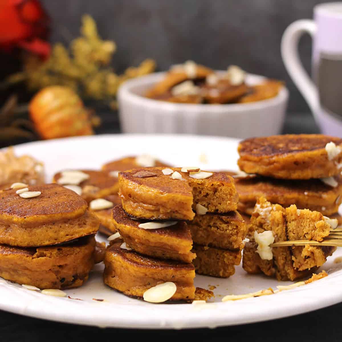Thick and fluffy pumpkin pancake bites with leftover pie filling. 