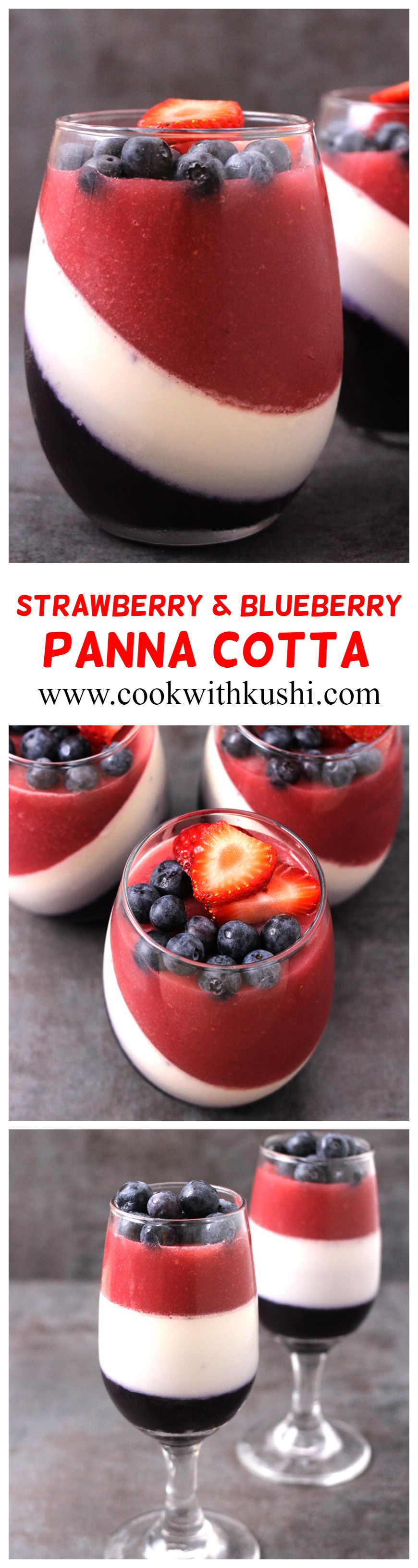 Strawberry and Blueberry Panna Cotta is a 3 layered fancy Italian no bake dessert with interesting flavors in each layer. It's sweet, creamy and tangy, plus very easy to make and you can prepare it in advance. Another perfect patriotic treat for the 4th of July. #pannacotta #italiandessert #kidsfriendly #4thofjuly #redwhitenadblue#patriotictreats #patrioticdessert #nobake #freshberries #strawberries #blueberries