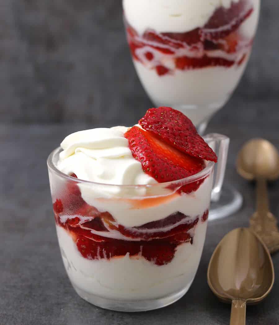 Strawberries and cream, strawberry dessert, whipped cream, strawberries