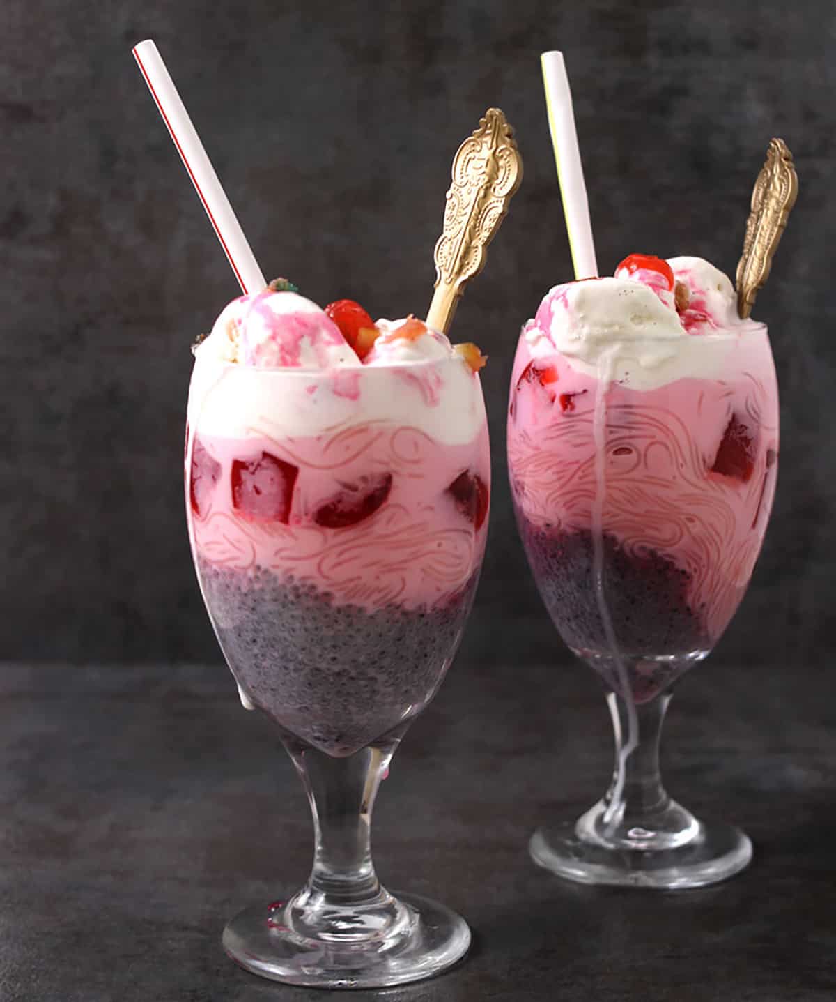 Royal Falooda Recipe (Rose Faluda with sabja seeds, rose syrup, milk, ice cream, jelly, sev)